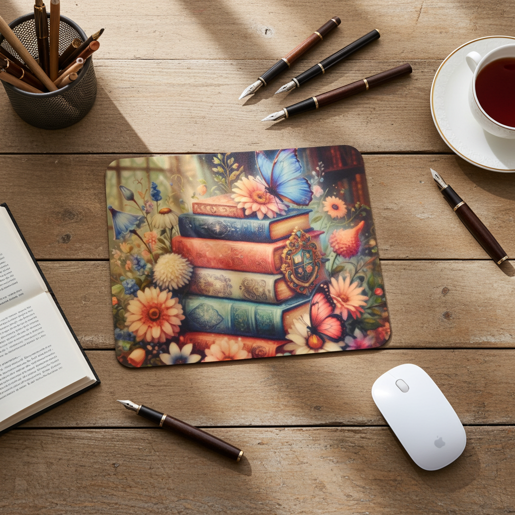 Books & Butterflies Floral Mouse Pad featuring stacked vintage books, colorful flowers, and blue and pink butterflies