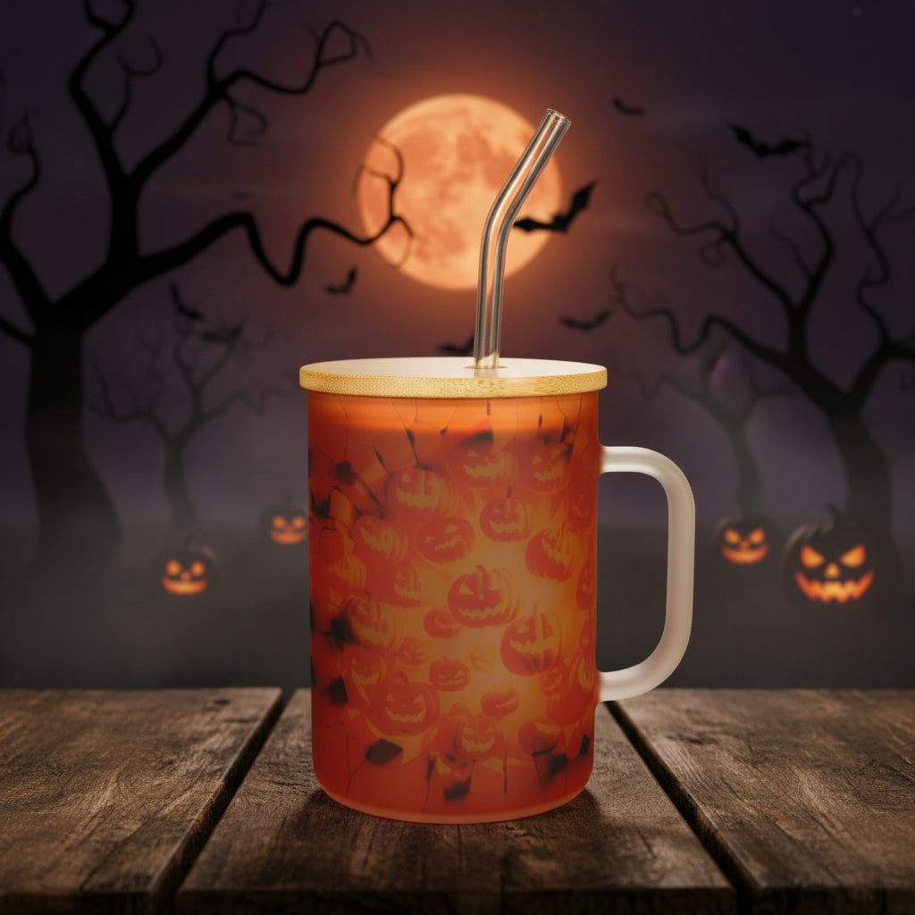 Halloween Pumpkin Burst 17oz Glass Handled Mug with Bamboo Lid & Straw