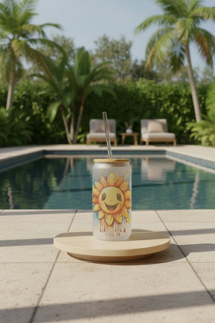 16oz frosted glass can cup with happy cartoon sunflower design and bamboo lid