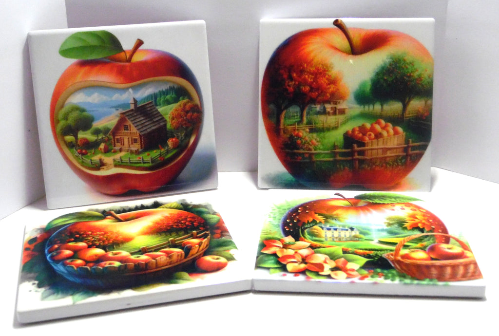 Set of 4 apple harvest ceramic coasters with unique farmhouse and orchard scenes in rich fall colors