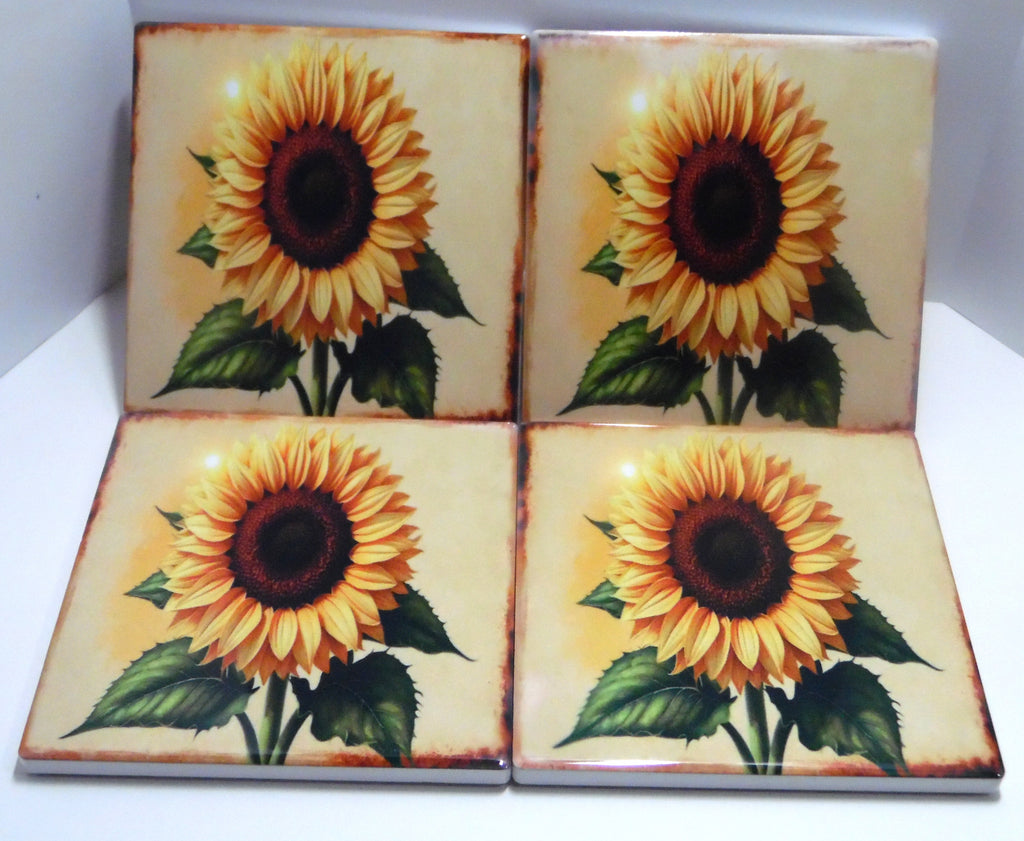 Set of 4 sunflower ceramic coasters with vintage botanical sunflower design in golden yellow and cream