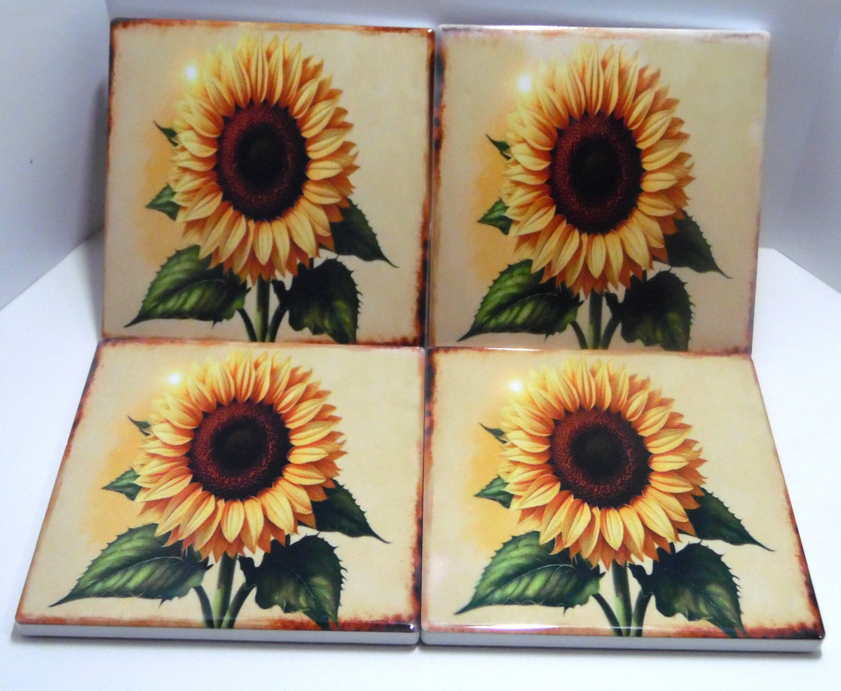 Set of 4 sunflower ceramic coasters with vintage botanical sunflower design in golden yellow and cream