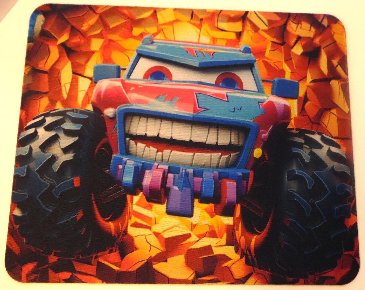Monster truck mouse pad with grinning red and blue monster truck bursting through fiery crushed brick background