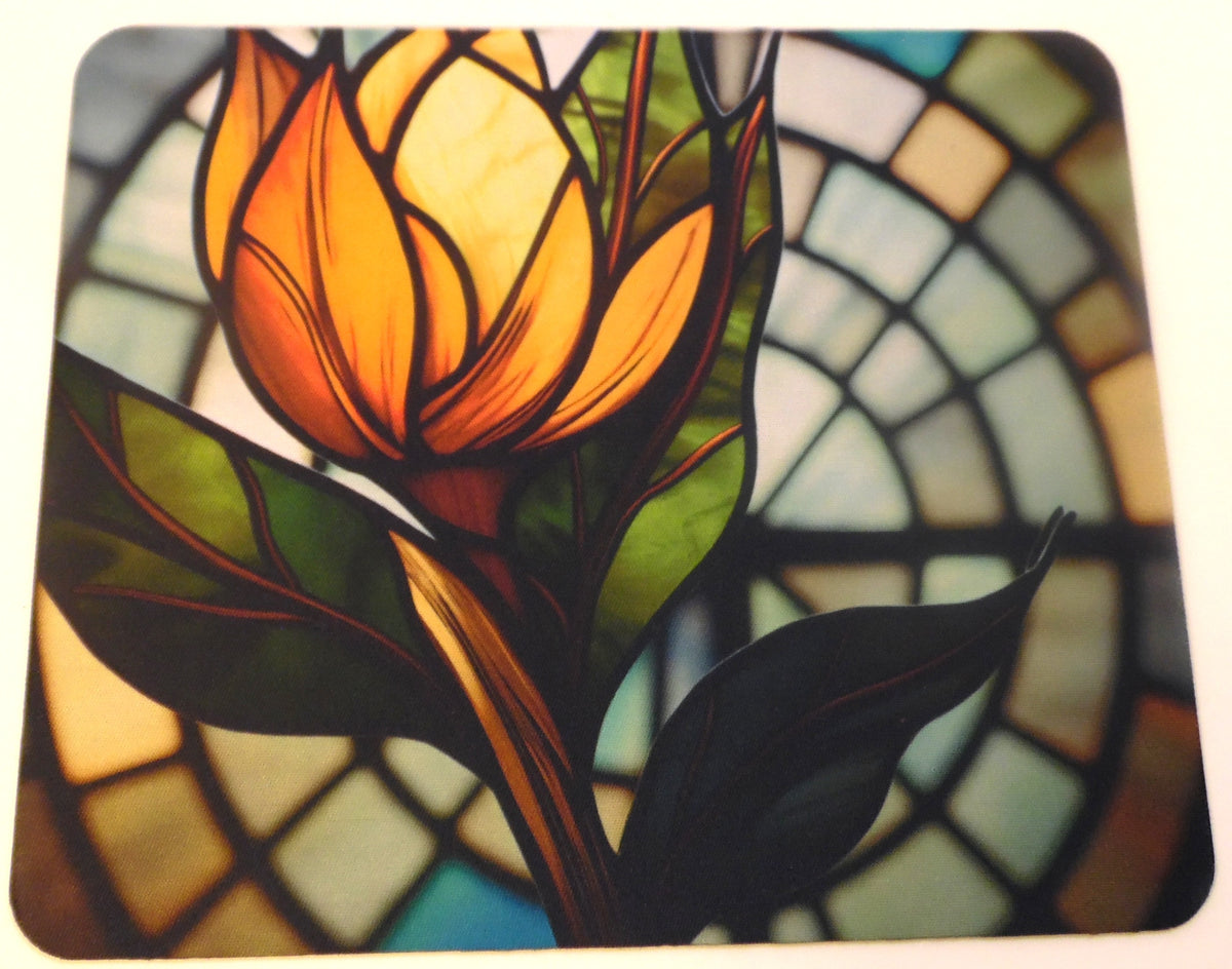 Stained glass tulip mouse pad with glowing golden tulip and green leaves on soft aqua and earth tone mosaic background