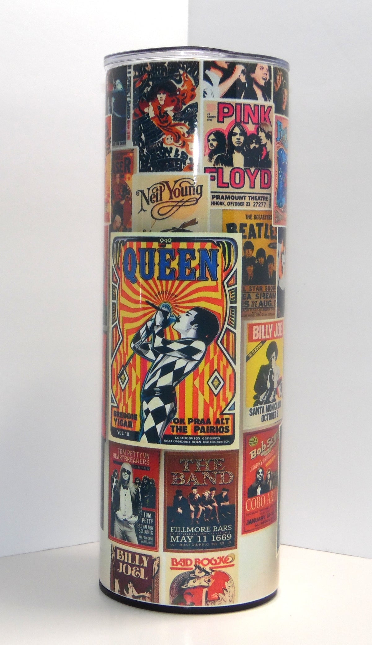 Alternate side of concert-poster tumbler showing Queen artwork without the speaker base