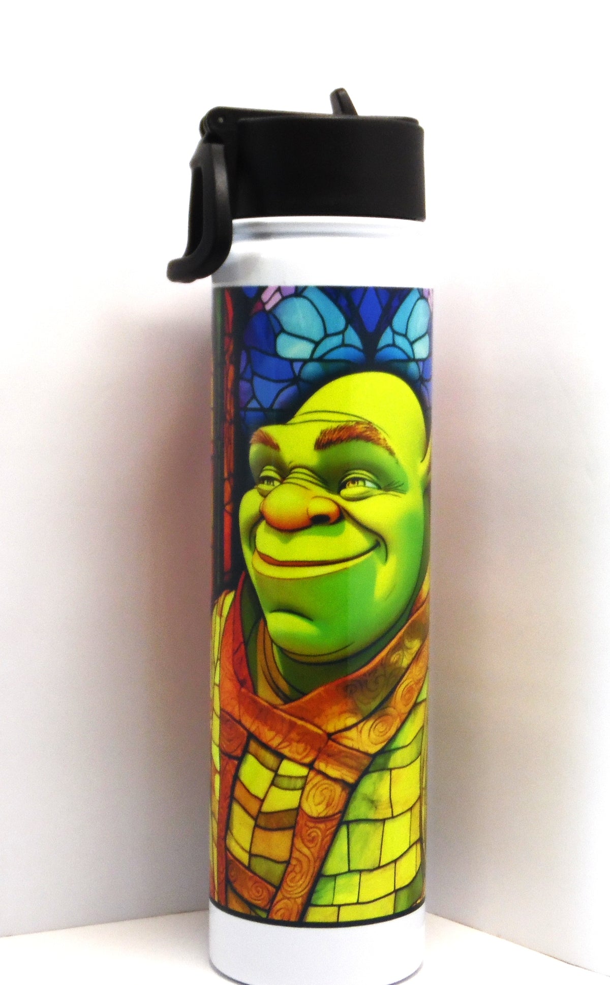 25oz water bottle with colorful green ogre artwork, black lid and carry loop
