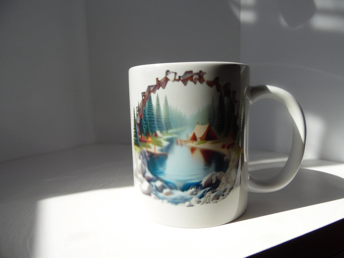 White 11 oz ceramic mug with lakeside camping artwork featuring evergreen trees, blue water and a tent