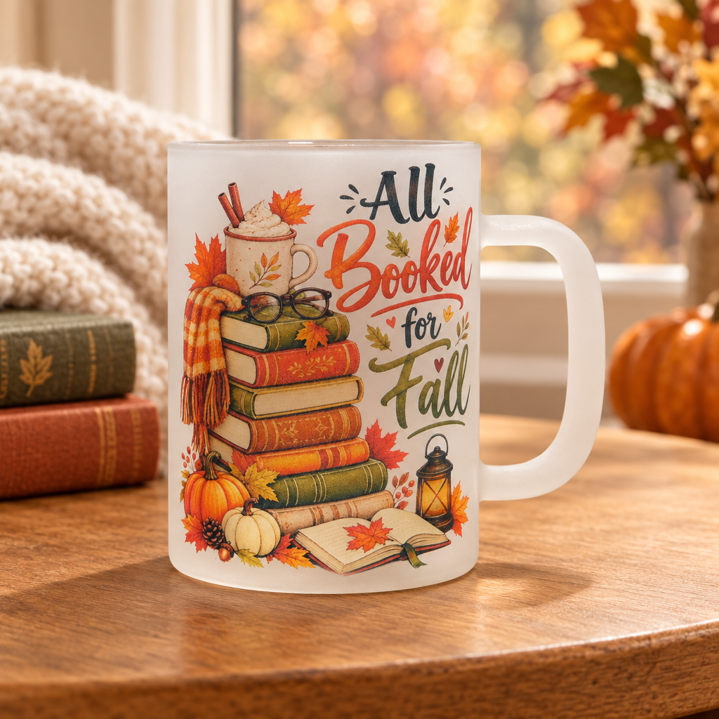 All Booked for Fall mug in an autumn reading setting