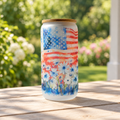 American flag and daisy cup on a sunny porch