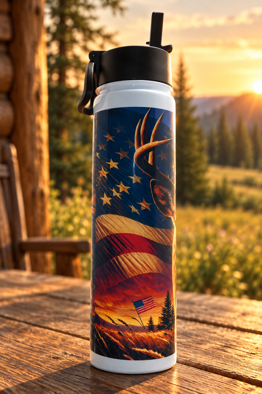 American flag side of the water bottle