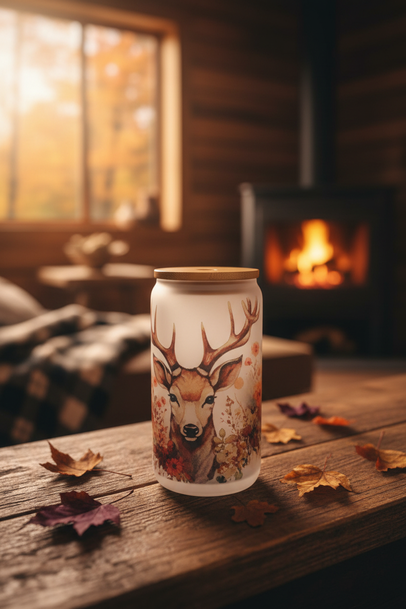 Autumn Stag Portrait Glass Can - Cabin Setting