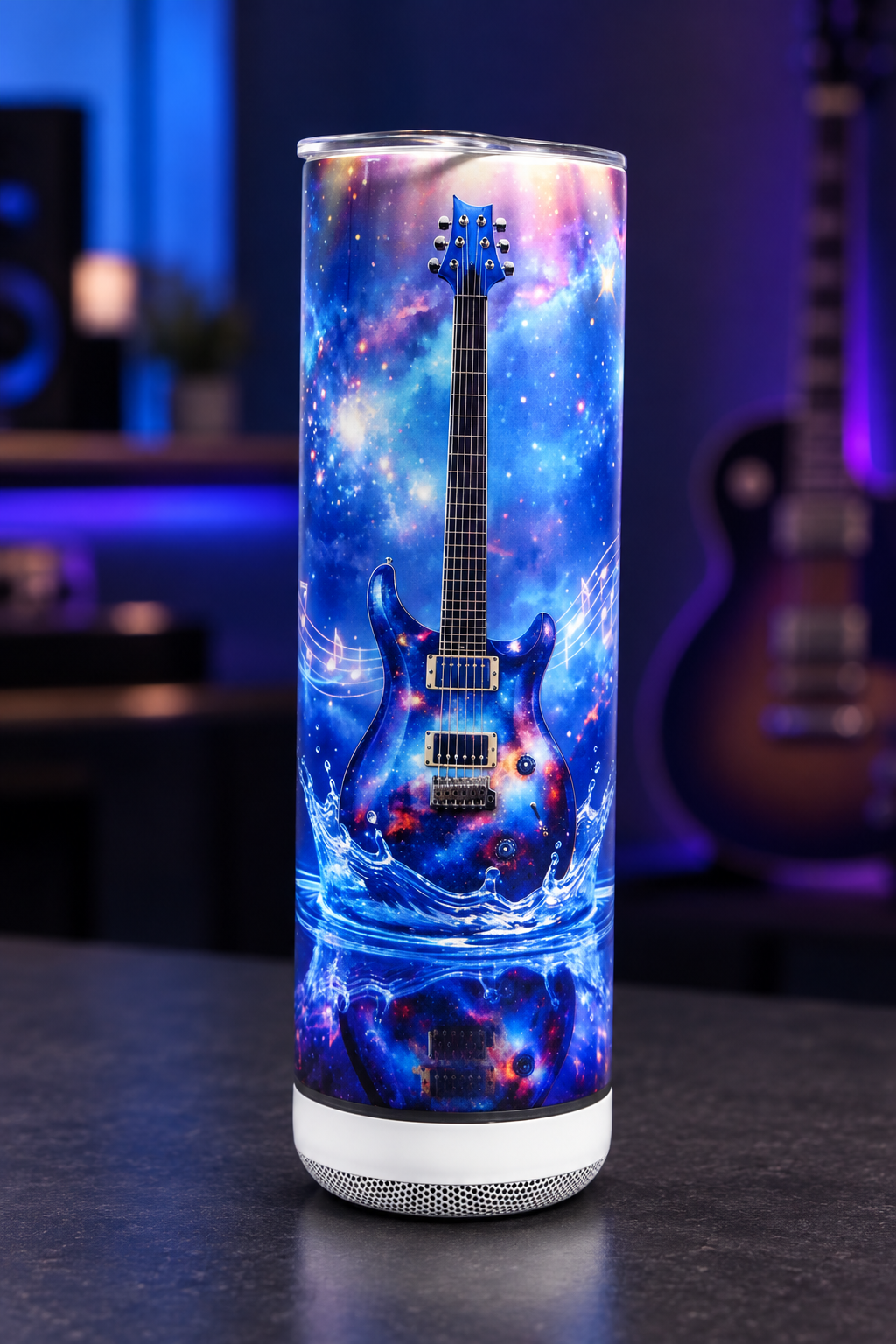 Bluetooth speaker tumbler with a music-inspired background