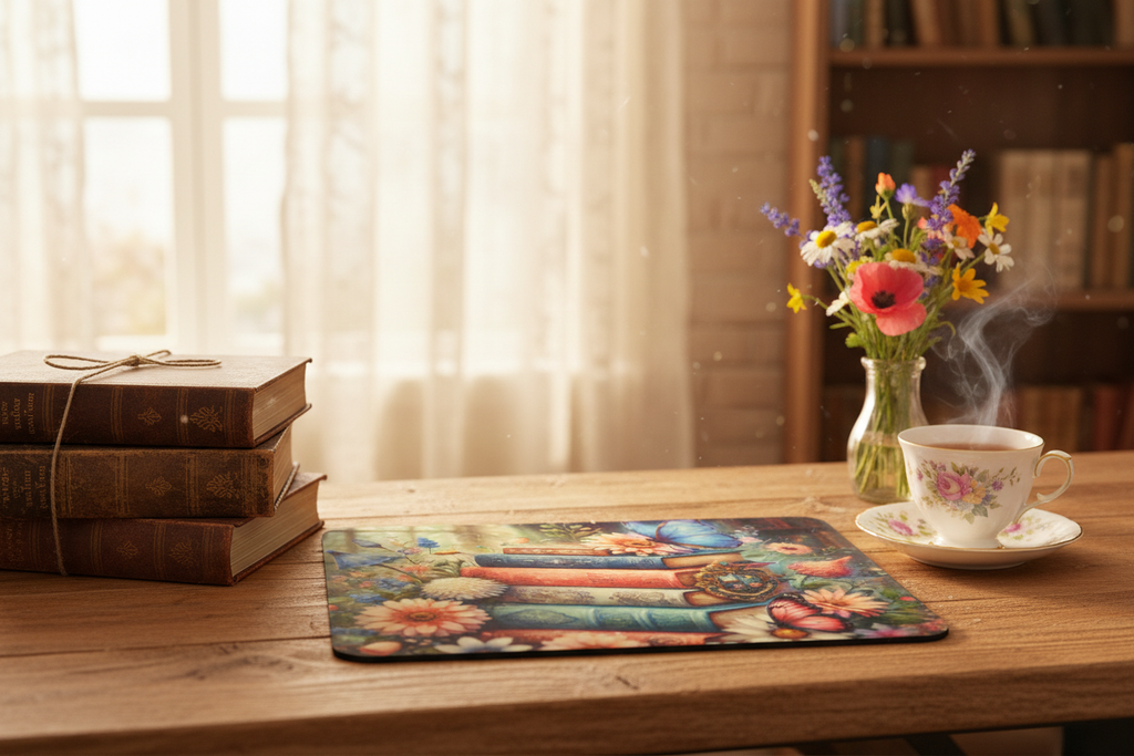 Books & Butterflies Floral Mouse Pad displayed with vintage books, wildflowers, butterflies, and a floral teacup