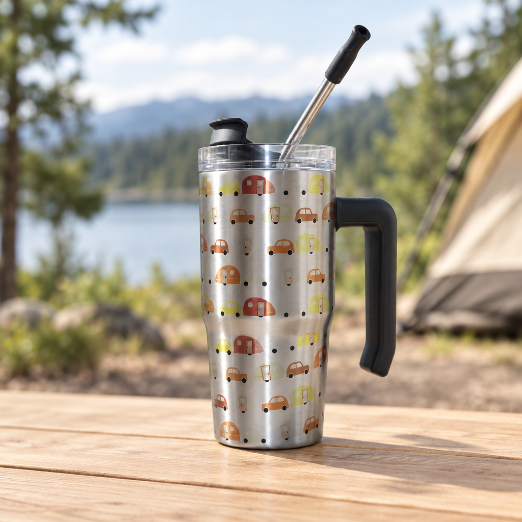 Brushed silver camper cup with straw in a camping-inspired setting