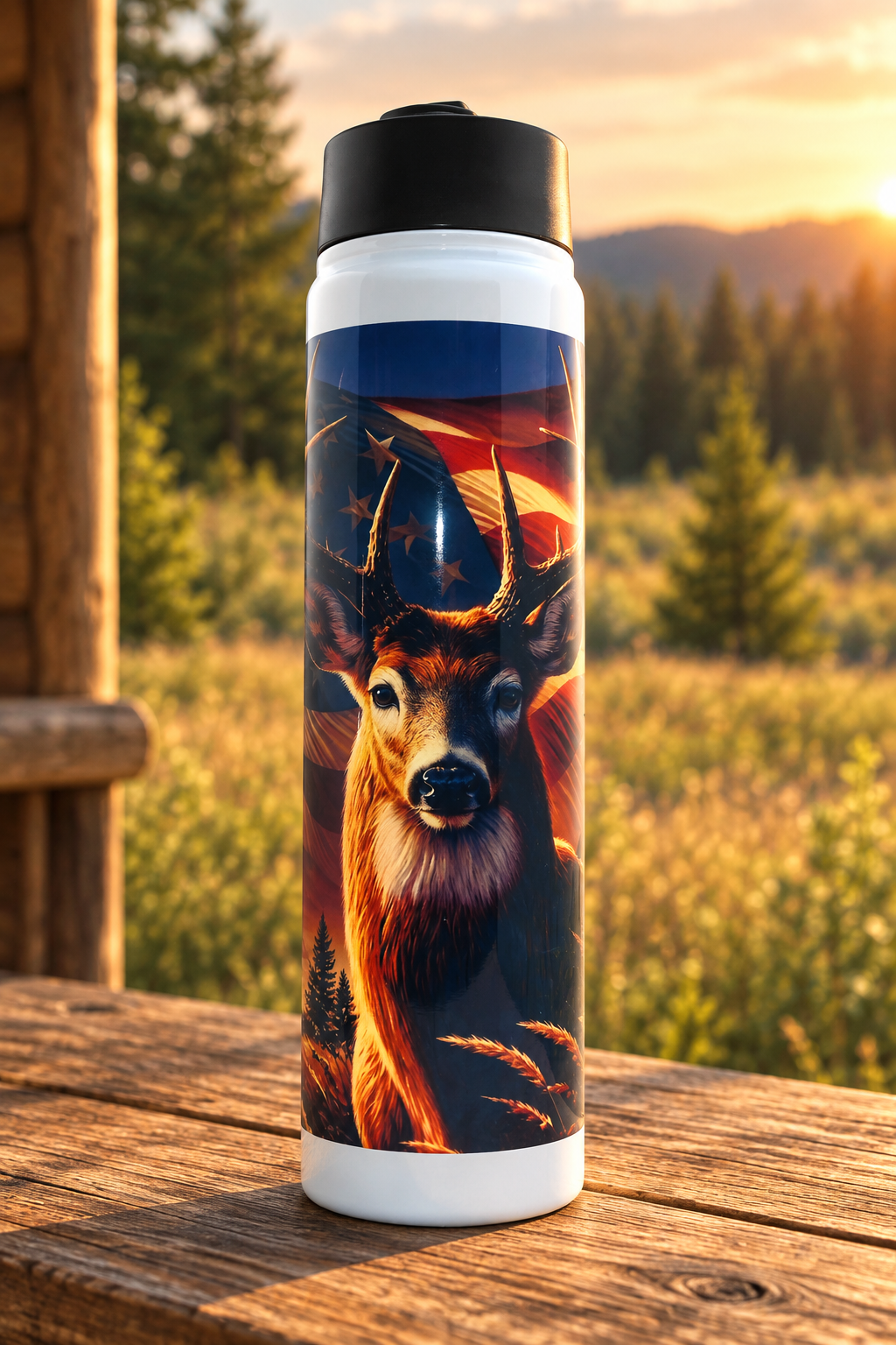 Buck water bottle main view in a golden-hour cabin setting