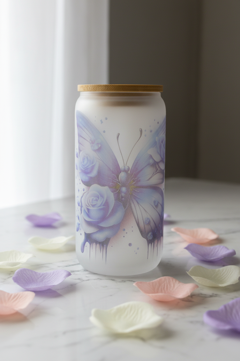 Butterfly Garden Frosted Glass Can Cup