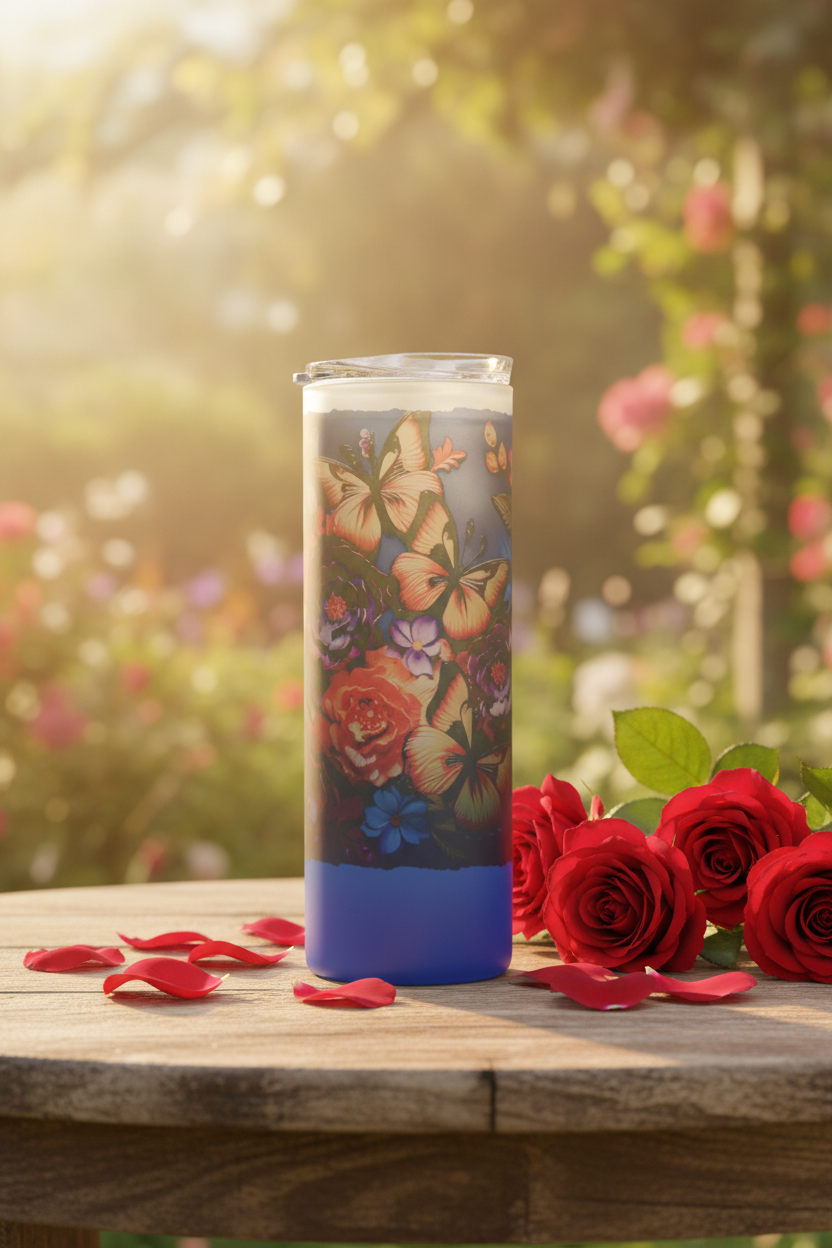 Butterfly Garden Glass Tumbler - Romantic Garden Setting