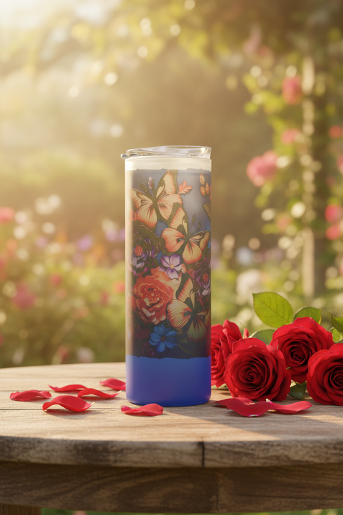 Butterfly Garden Glass Tumbler - Romantic Garden Setting