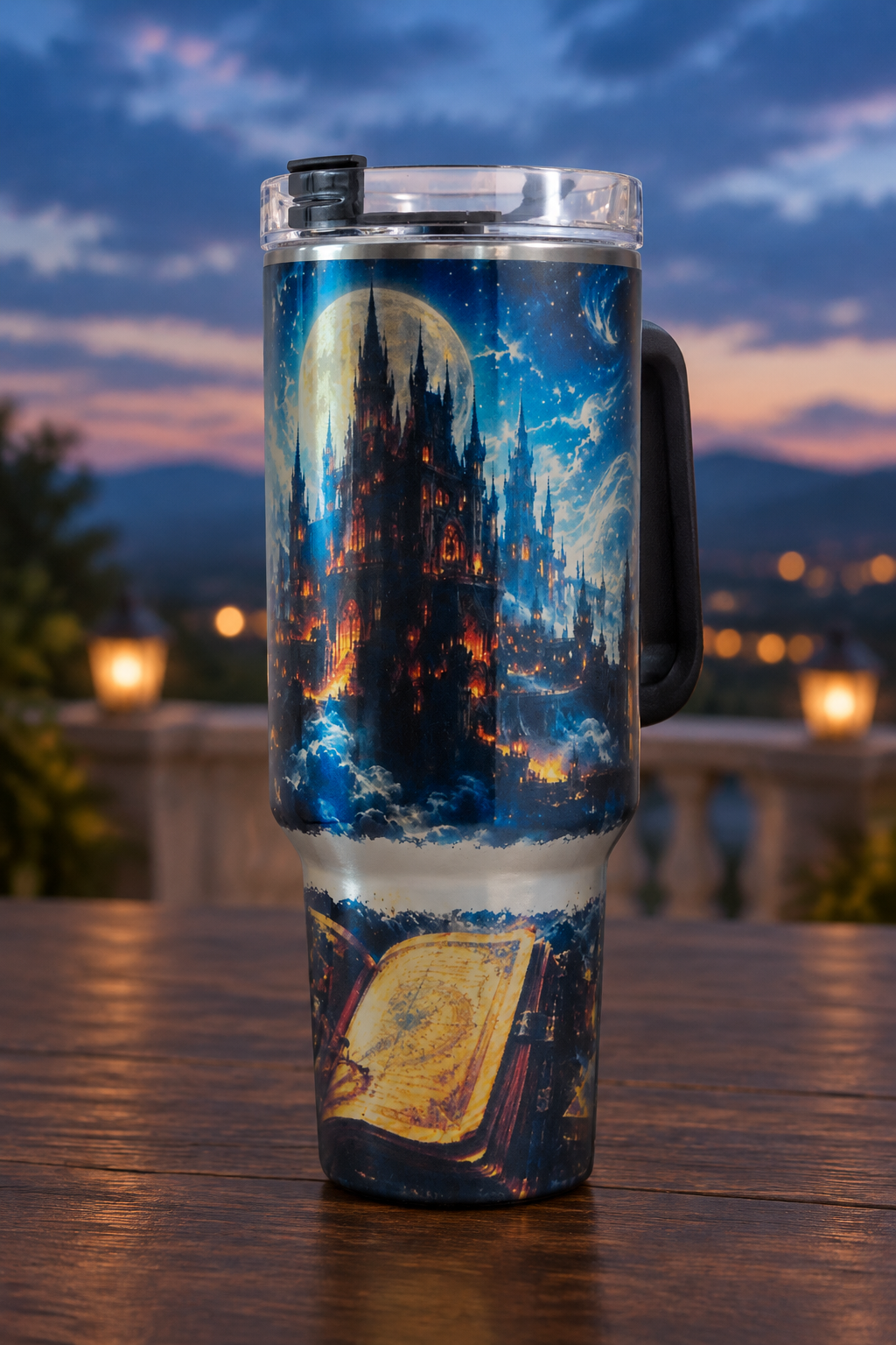 Castle tumbler alternate view in a twilight setting