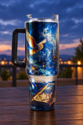 Castle tumbler owl-side view in a twilight setting