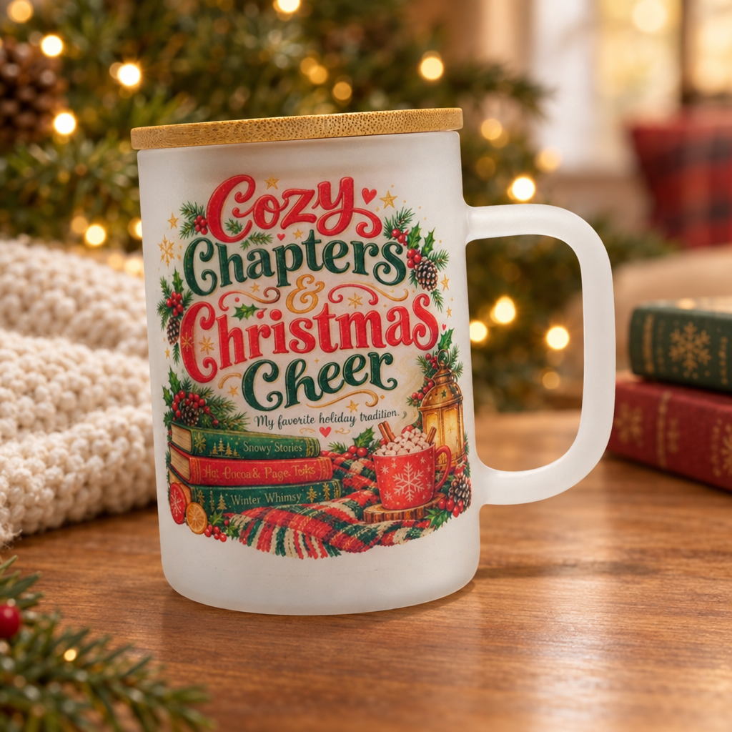 Christmas reading mug in a cozy holiday setting