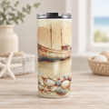 Coastal boat and seashells cup in a seaside tabletop setting