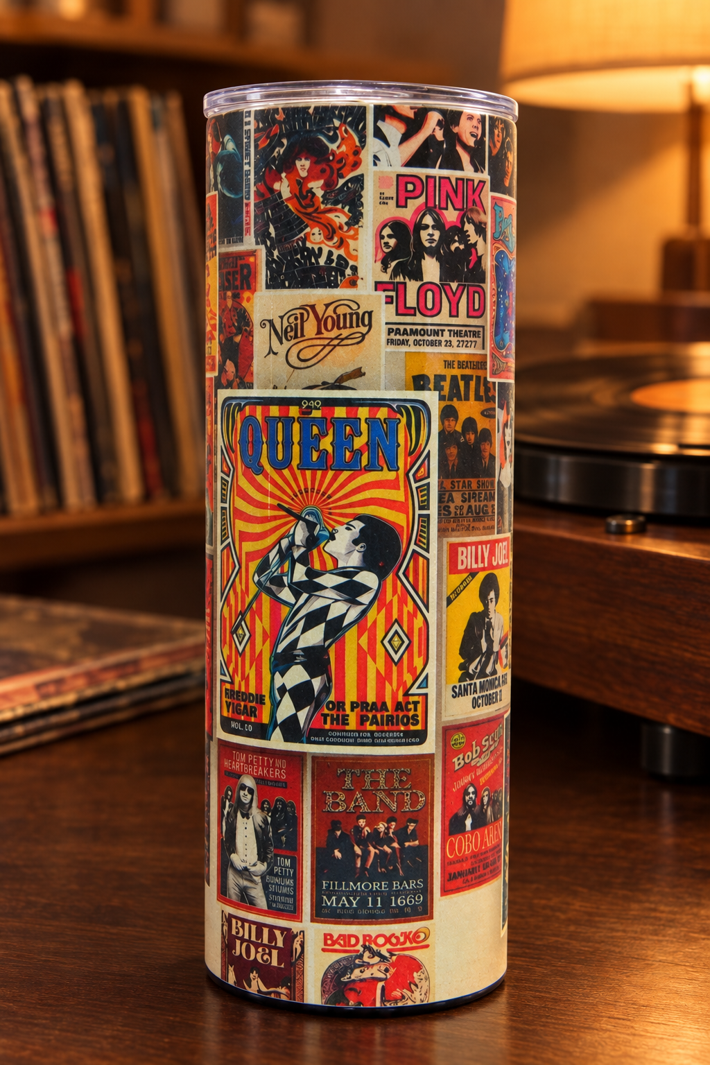 Concert collage tumbler with speaker removed in a matching setting