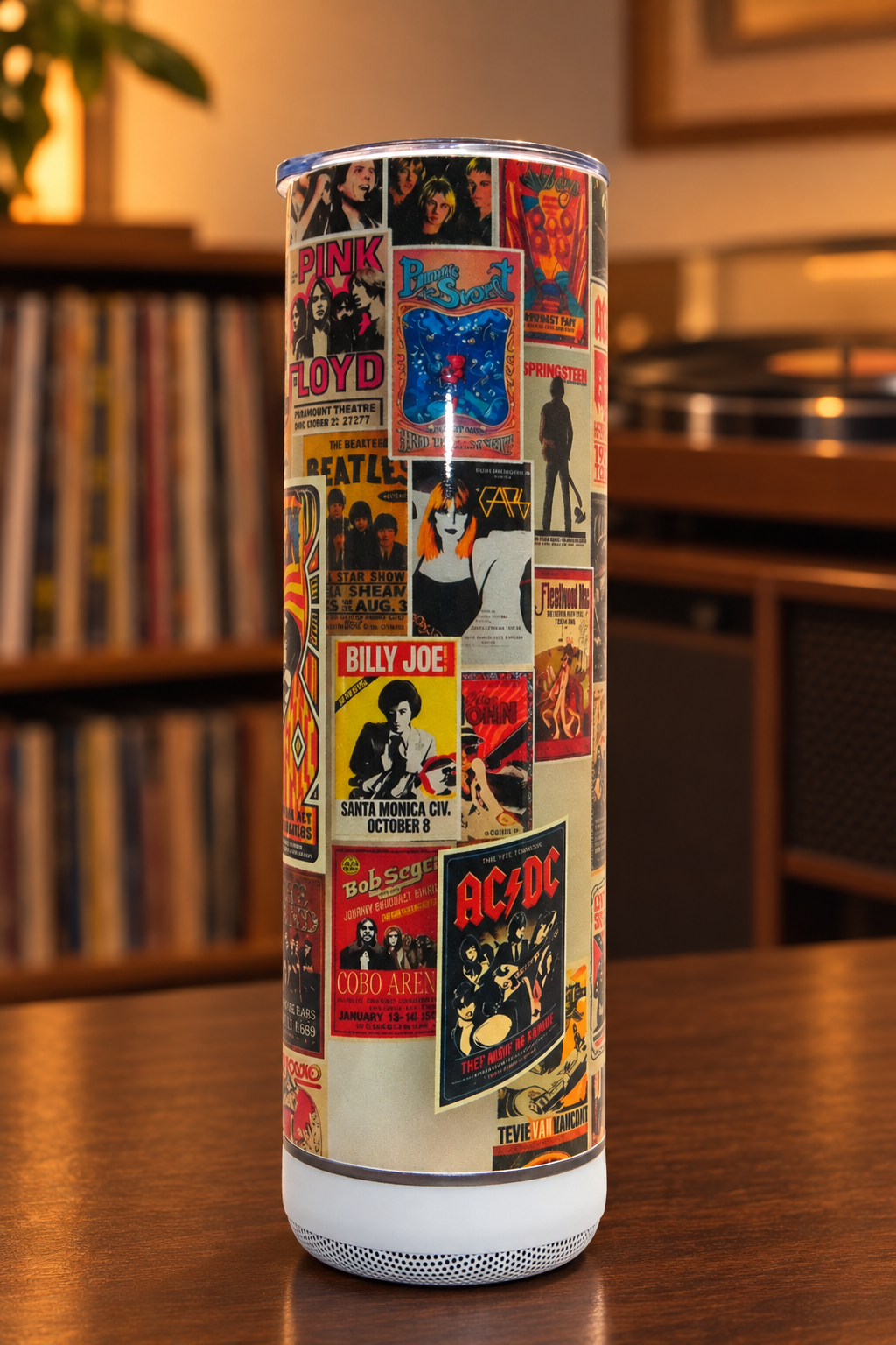 Concert-poster Bluetooth speaker tumbler in a retro listening room