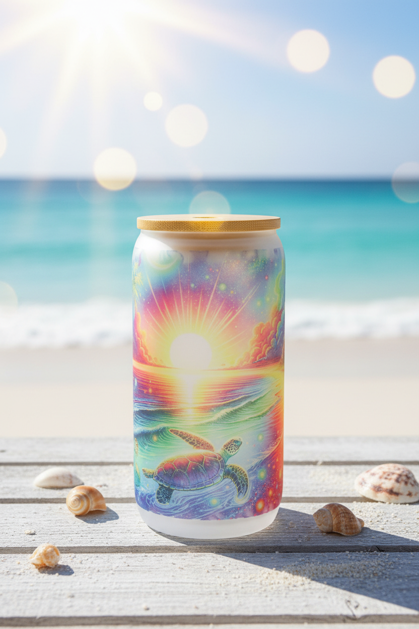 Cosmic Sea Turtle Glass Can - Bright Beachy Setting