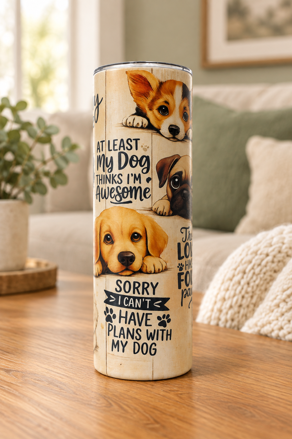 Dog lover tumbler in a cozy neutral home setting