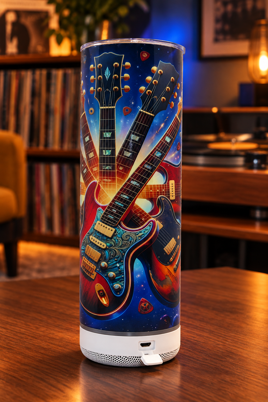 Electric guitar tumbler with Bluetooth speaker in a warm music-room setting