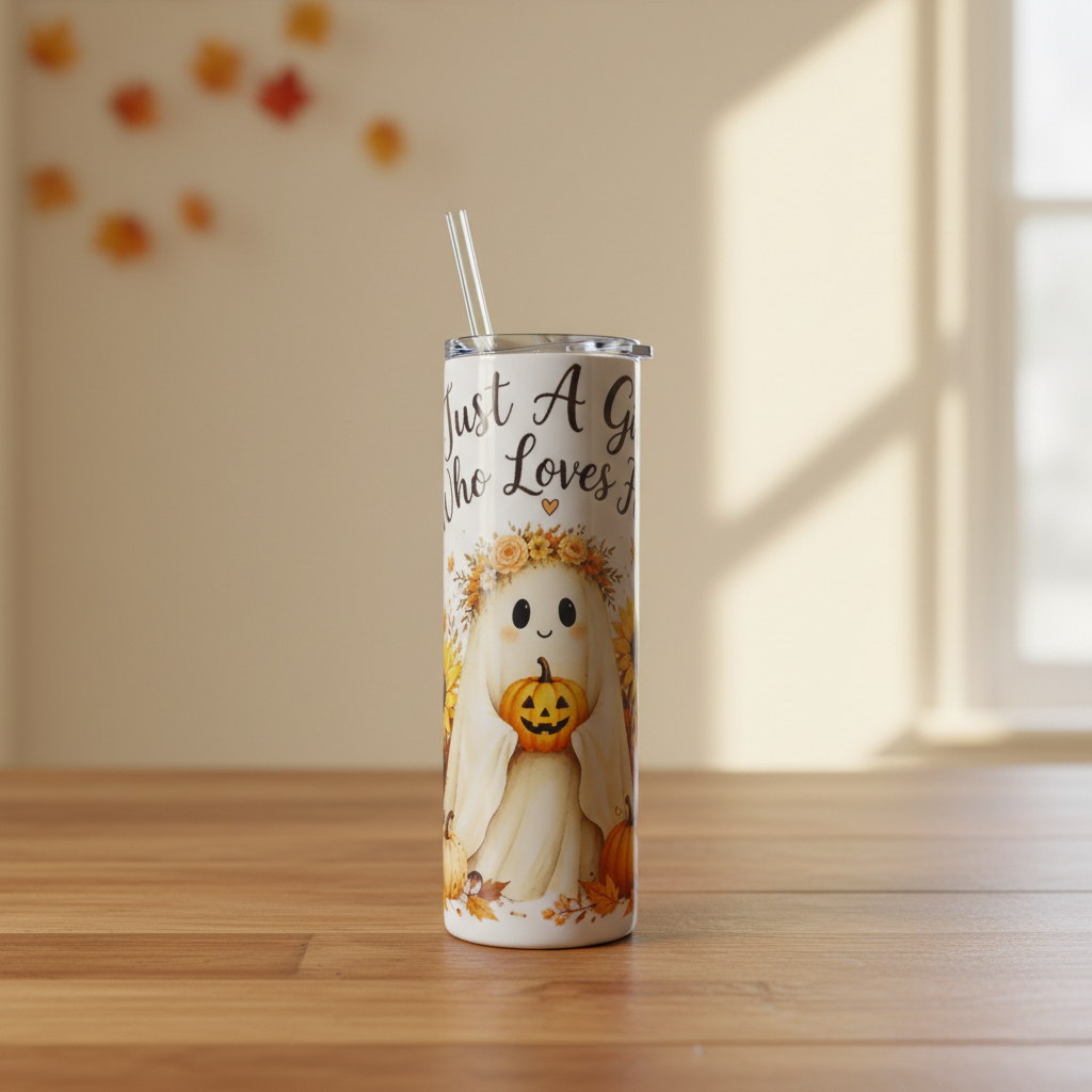 Fall tumbler displayed on a warm wood table