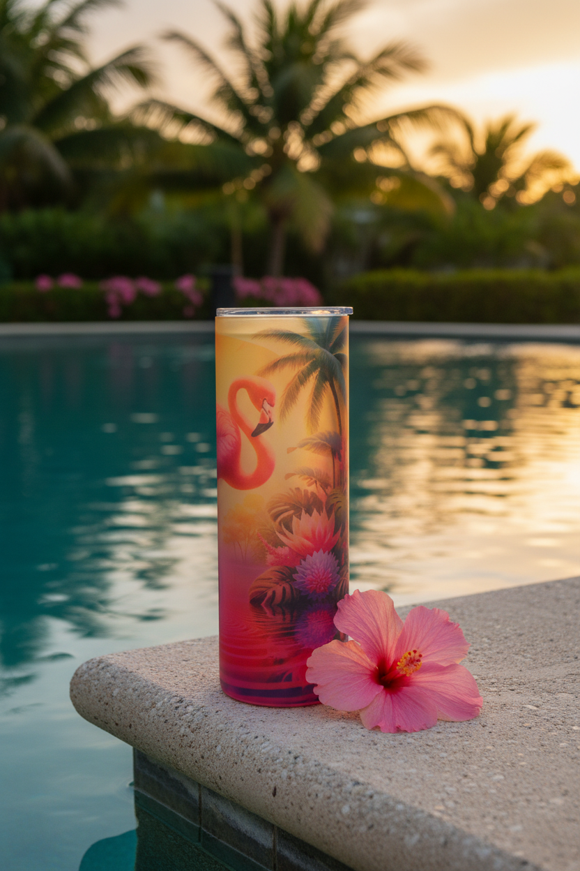 Flamingo Sunset Glass Tumbler - Tropical Poolside Setting