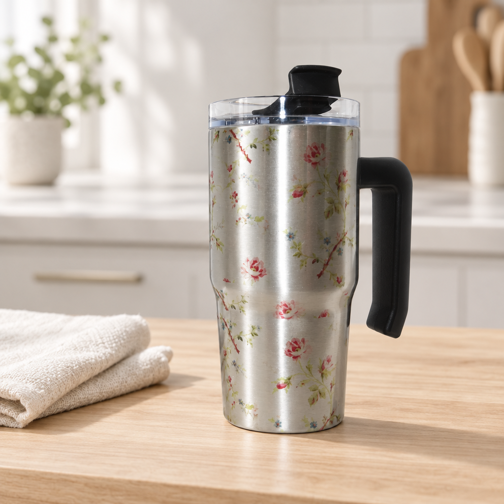 Floral brushed silver grippy cup in a neutral coffee setting