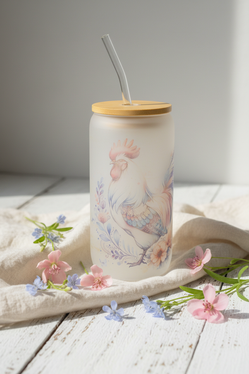 Floral Rooster Frosted Glass Can Cup