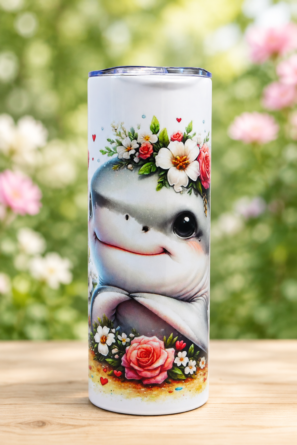 Floral shark handled tumbler in a soft garden setting