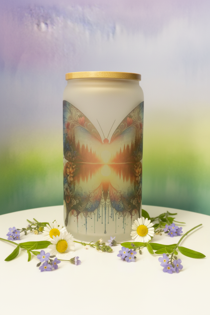 Forest Butterfly Frosted Glass Can Cup