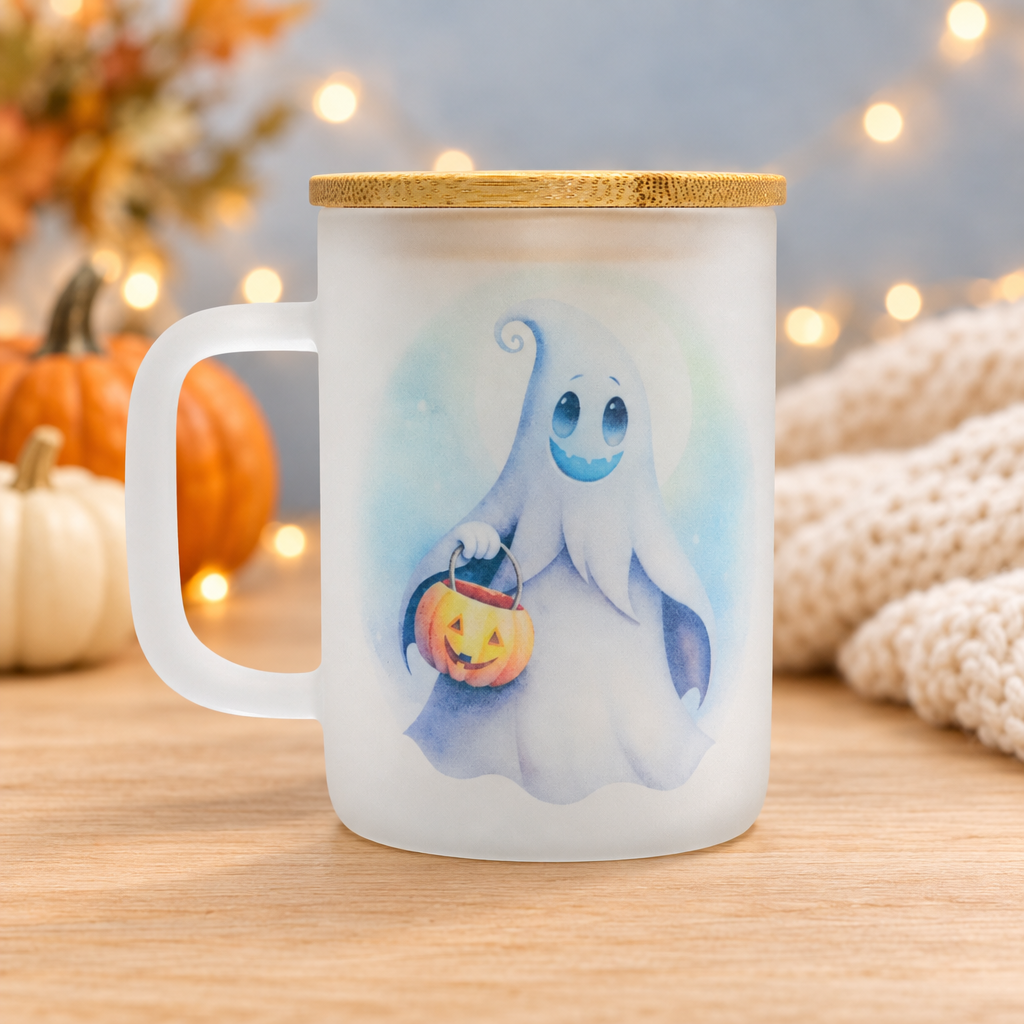 Friendly ghost mug in a cozy Halloween setting