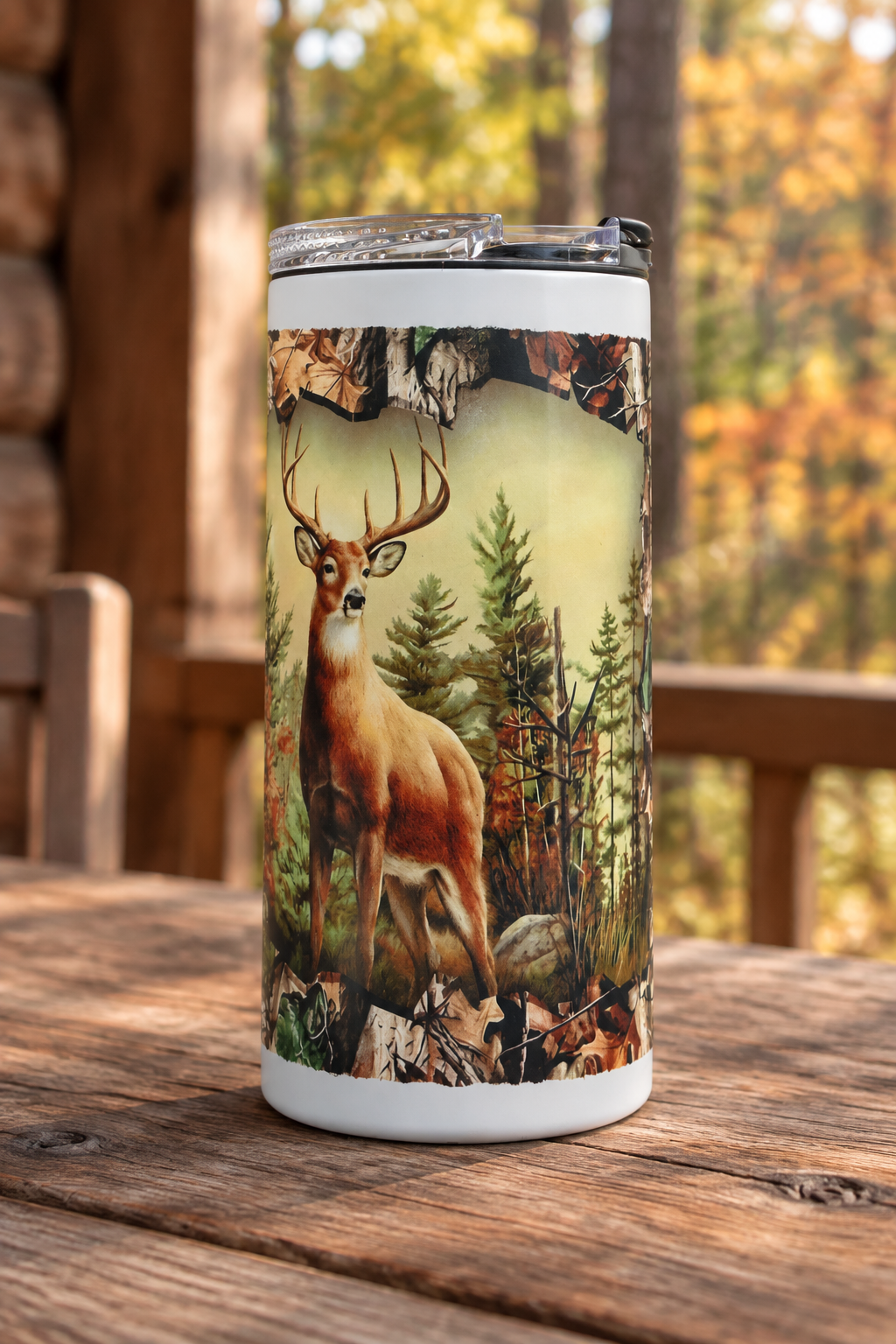 Full buck deer 4-in-1 cup in a rustic woodland setting