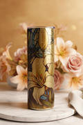 Stained Glass Lily 20 oz skinny tumbler with white lilies and amber gold stained glass design