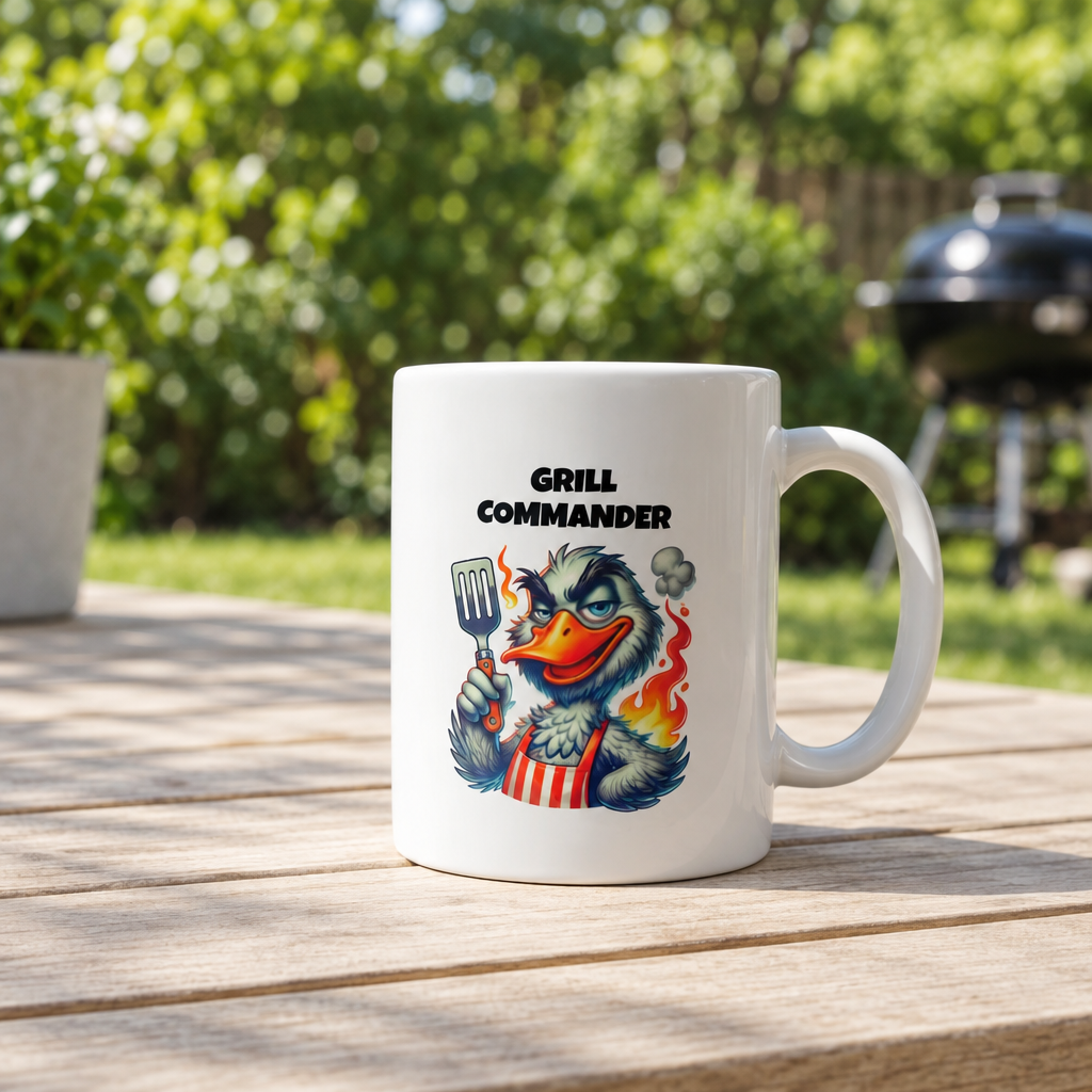 Grill Commander mug in a backyard setting