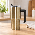 Grippy cup staged on a warm neutral coffee counter
