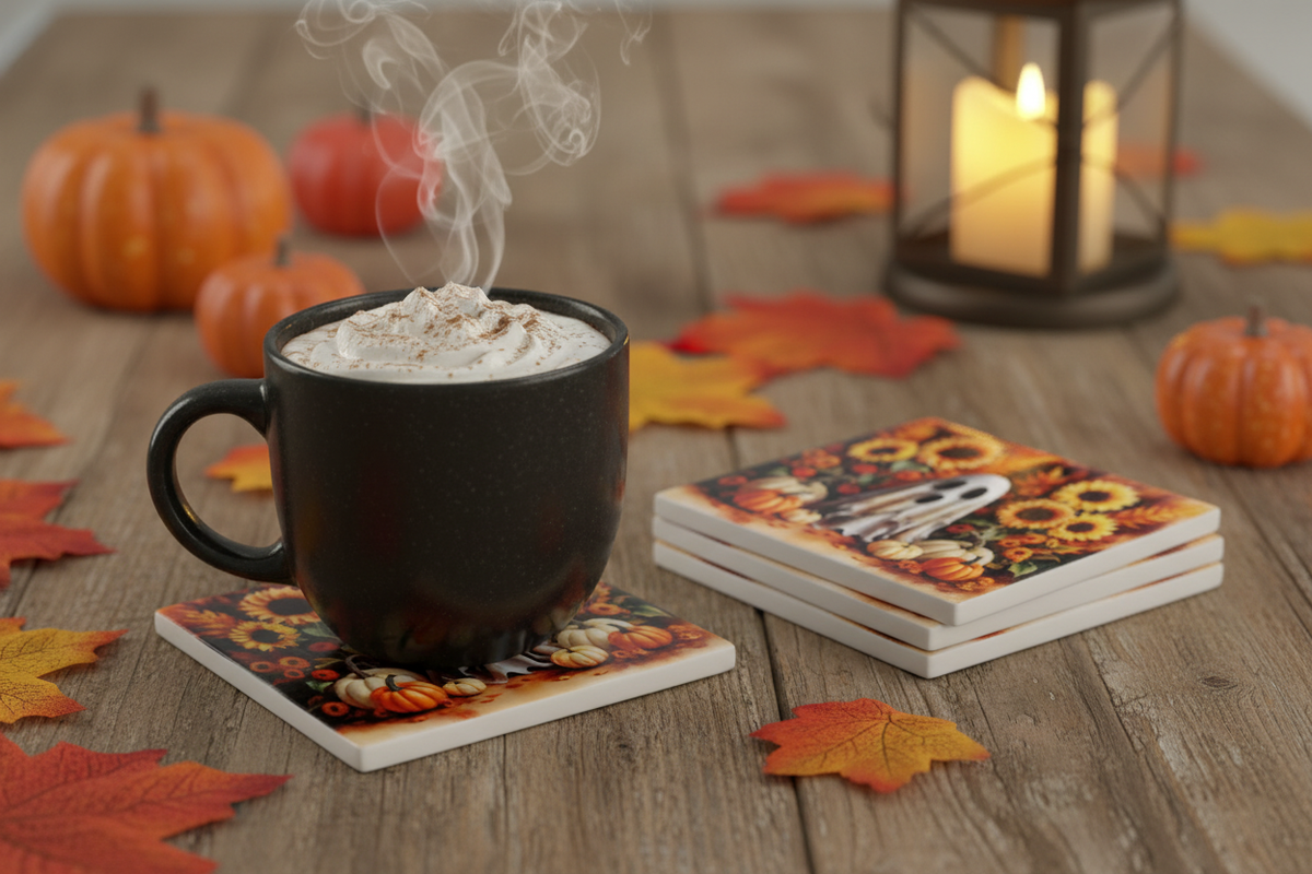 Halloween Ghost & Sunflower Coasters with Mug