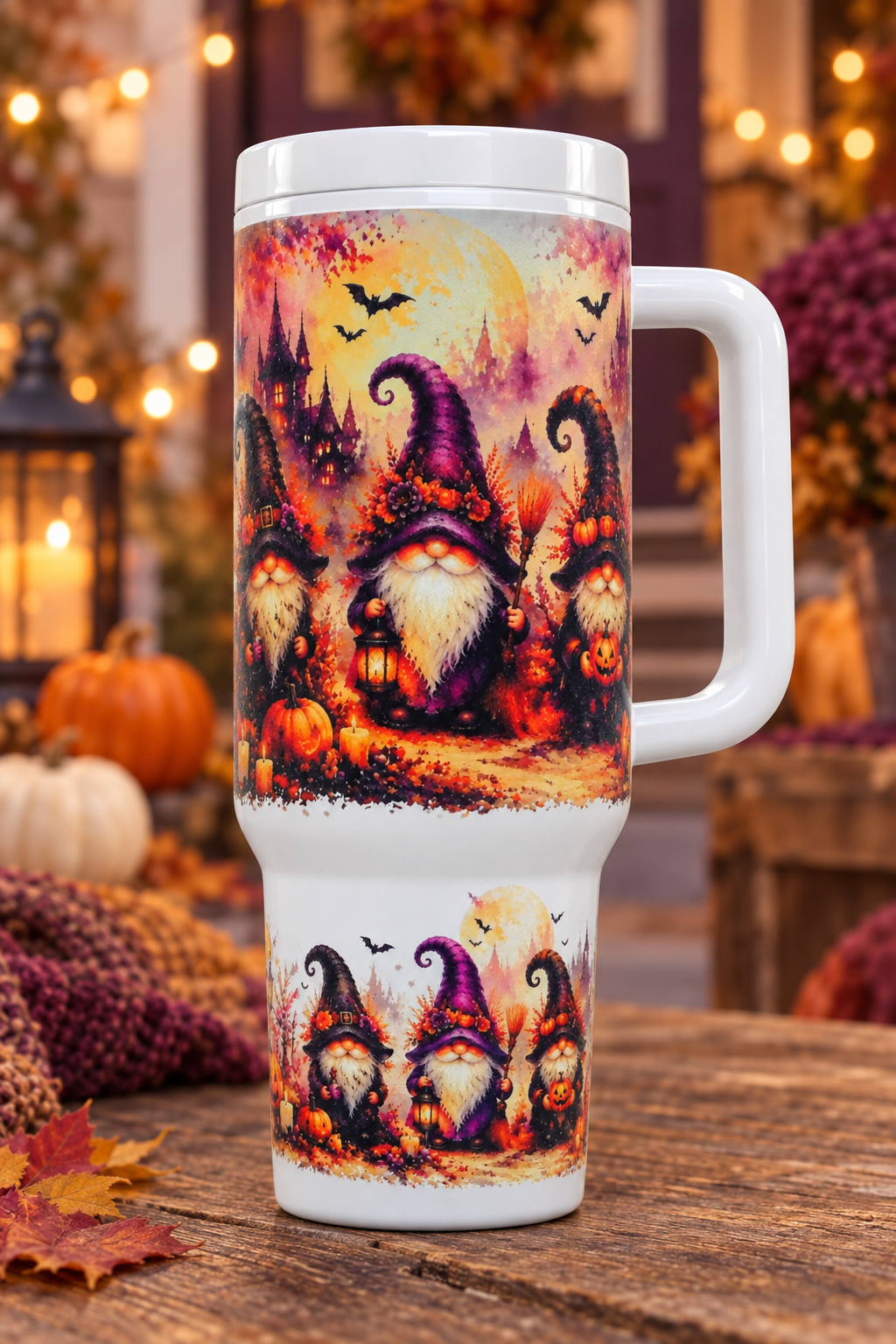 Halloween gnome travel tumbler in a cozy autumn setting