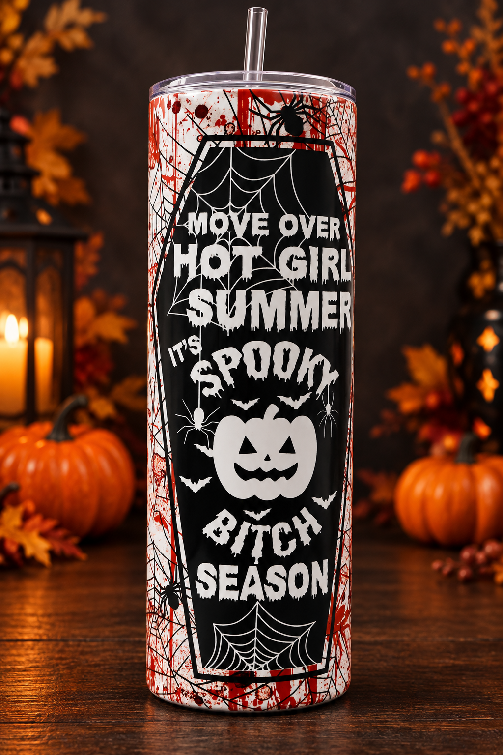 Halloween tumbler in a moody autumn setting