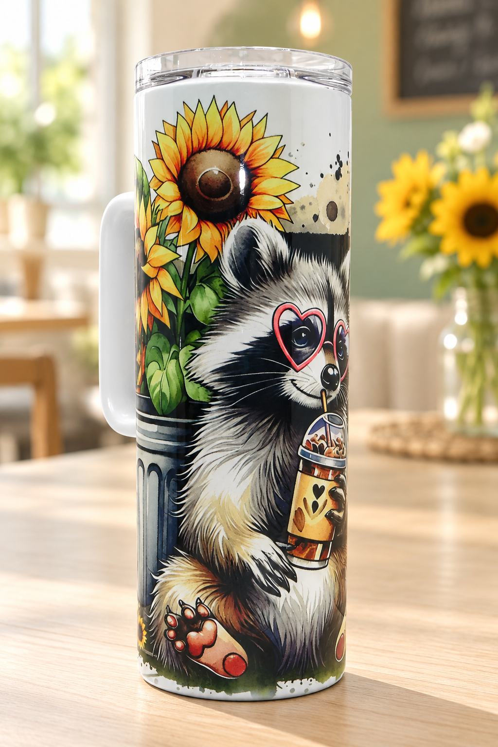 Handled raccoon tumbler in a sunny café setting