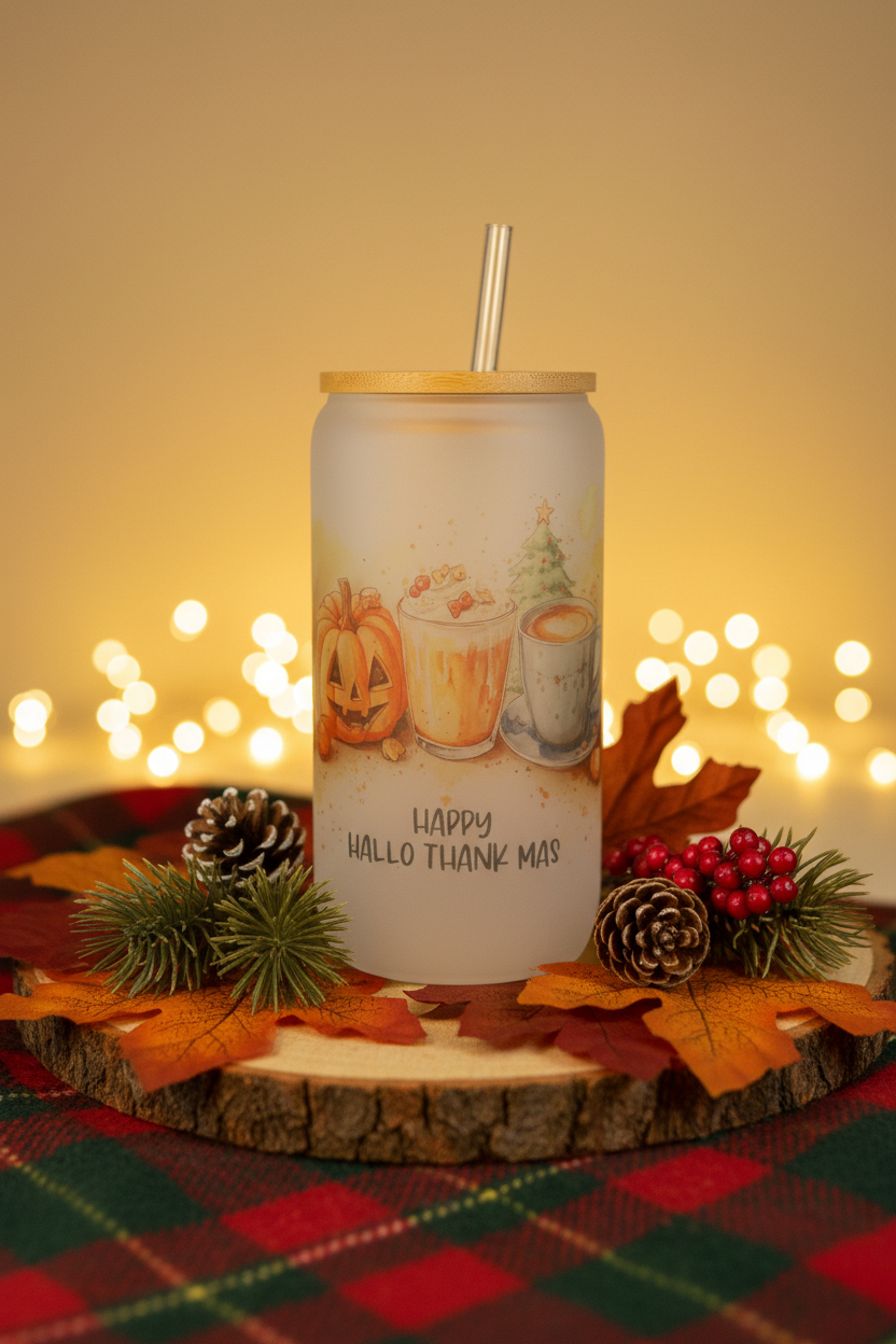 Happy Hallo-Thank-Mas Glass Can - Holiday Setting