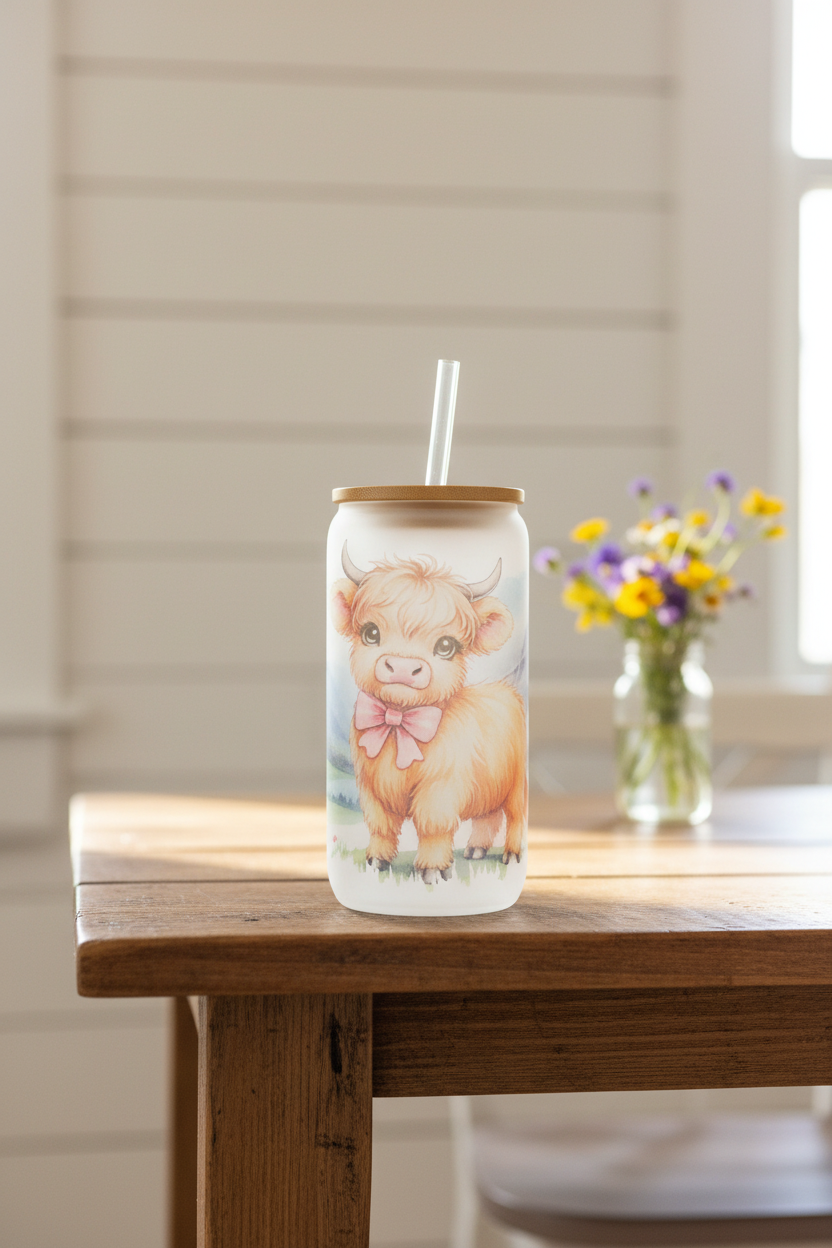 Highland Cow Glass Can - Cozy Farmhouse