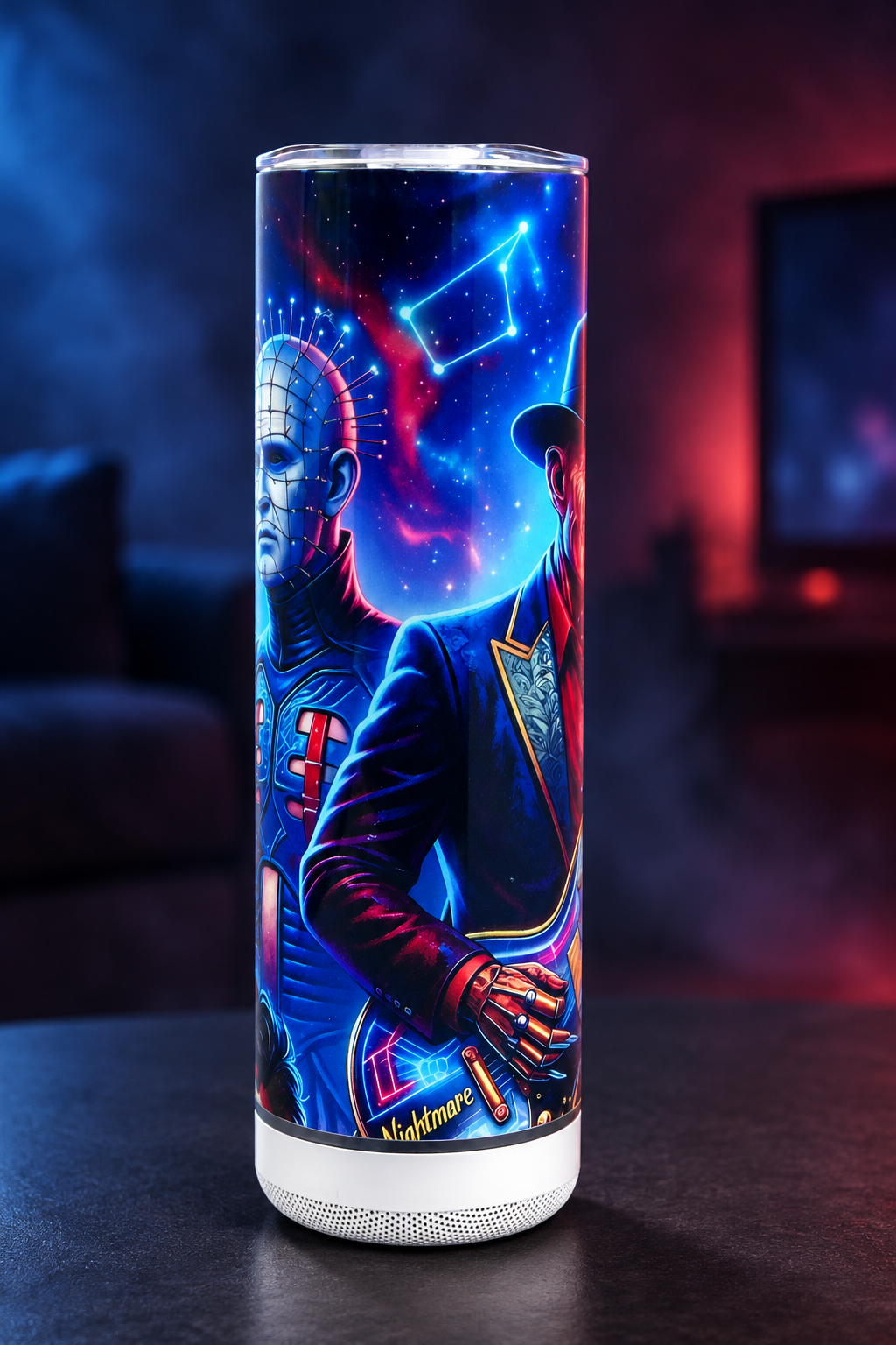 Horror character Bluetooth tumbler in a cinematic setting