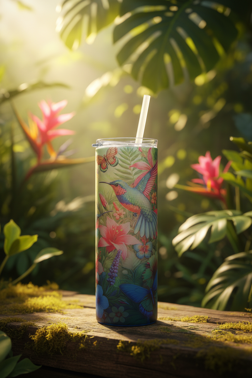 Hummingbird Garden Glass Tumbler - Tropical Garden Setting